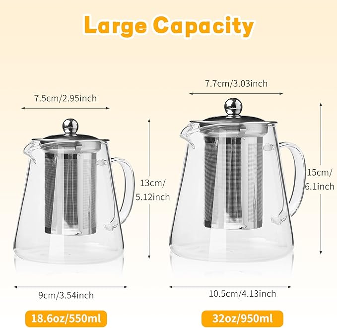 Glass Teapot with Stainless Steel Infuser, Borosilicate Glass Tea Maker, Stovetop Safe (550ML)