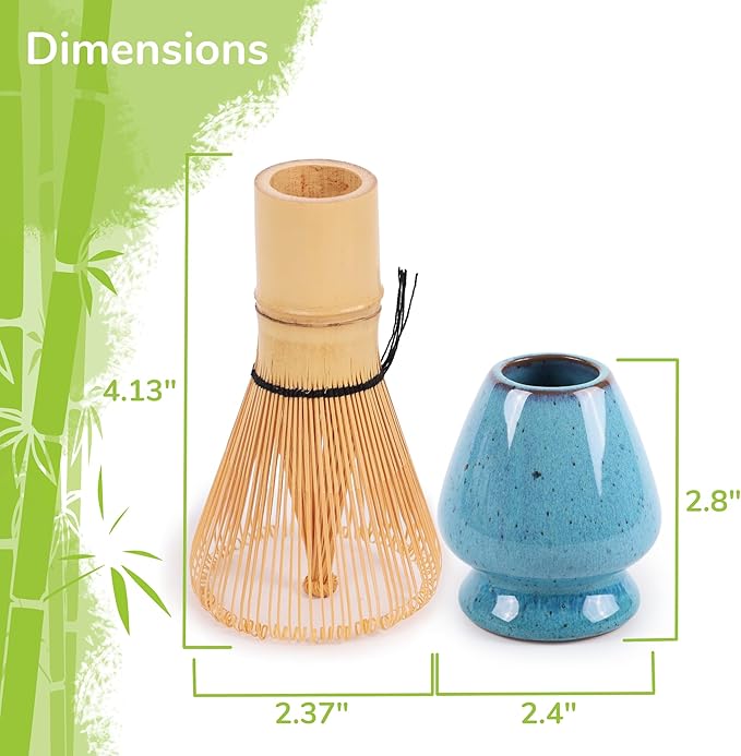 Matcha Tea Bamboo Whisk And Ceramic Rest 2 Piece Set - Verdigris Blue Holder - 1 Set