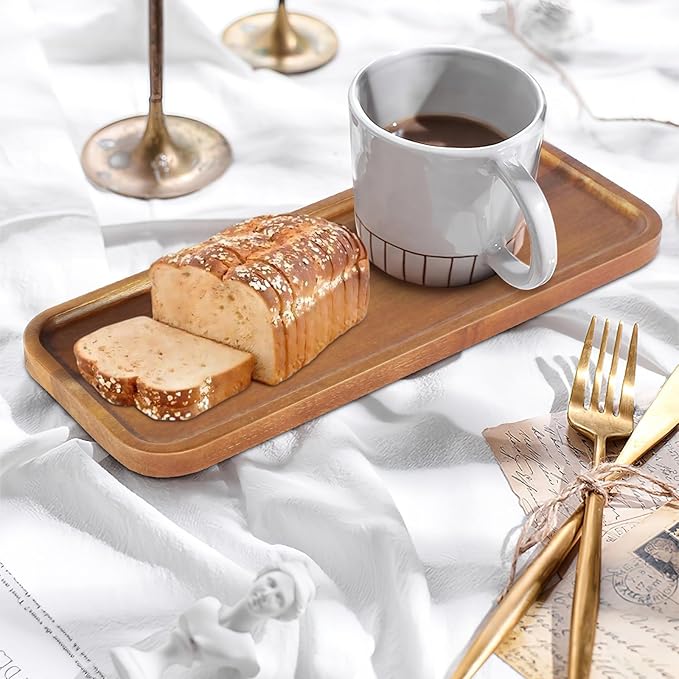 Acacia Wood Serving Platters and Trays - 14" x 5.5" Wooden Mini Charcuterie Boards, Small Cheese Board, Rectangle Wooden Tray for Kitchen Counter, Bathroom, Home Decor, Party (6, 14"X5.5")