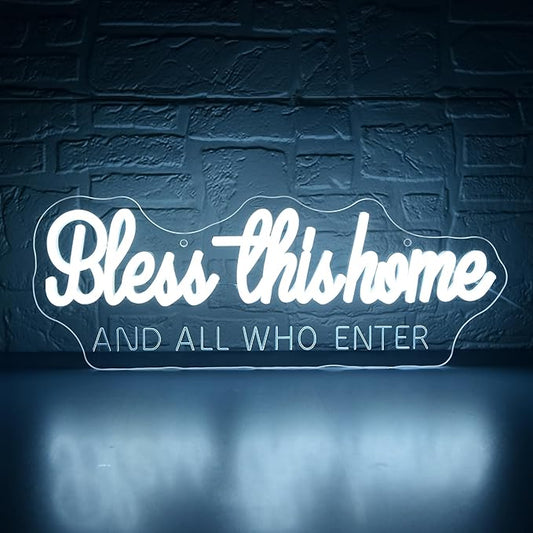 Bless This Home And All Who Enter Neon Sign for Wall Decor Dimmable God LED Neon Light Christian Decor for Prayer Room Home Bedroom Jesus White Positive Religious Wall Art Size 16.5 * 6.1in(GLNP213)