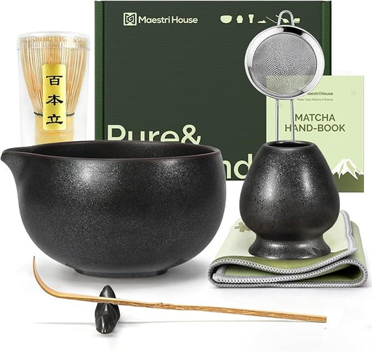 Maestri House Matcha Whisk Set, 7-Pc Complete Matcha Kit with Spouted Ceramic Bowl, Bamboo Whisk and Holder, Scoop, Spoon Rest & Sifter, Tea Cloth – Ideal Gift for Matcha Lovers (Black Stone)