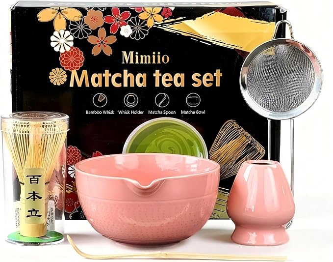 Mimiio Pink Matcha Whisk Set, 5 Pcs - Pink, Ceramic & Bamboo, Japanese Traditional Matcha, Includes Bowl, Whisk, Holder, Sifter, Scoop