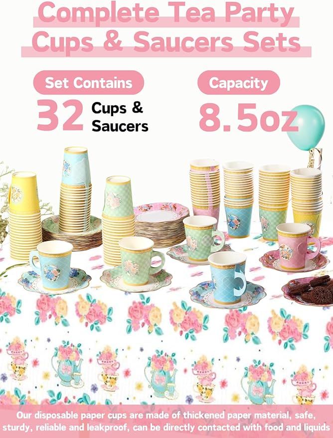 32 Set Floral Paper Tea Cups(8.5 oz) with Handle & 6" Saucers Set, 64pcs Disposable Tea Cup Saucer for Cold & Hot Drinks Serves 32 for Tea Party Wedding Baby Shower Party Supplies