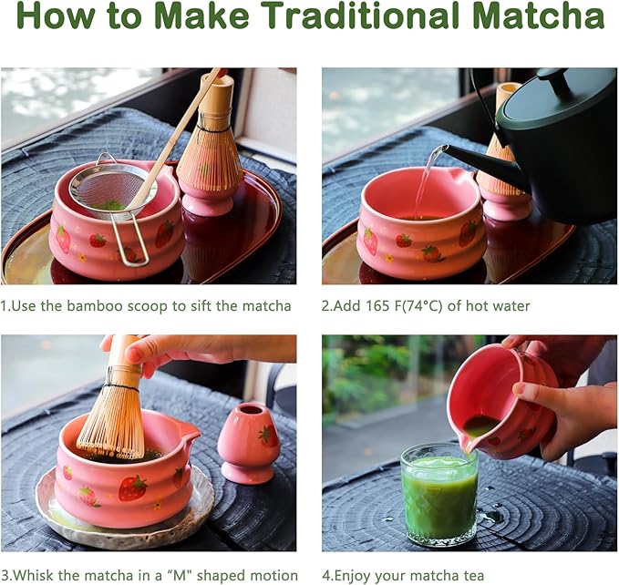 Pink Strawberry Matcha Set Whisk And Ceremony Bowl, 5 Pcs Ceramic Traditional Matcha Making Kit Gift Set For Women Friends Tea Lover