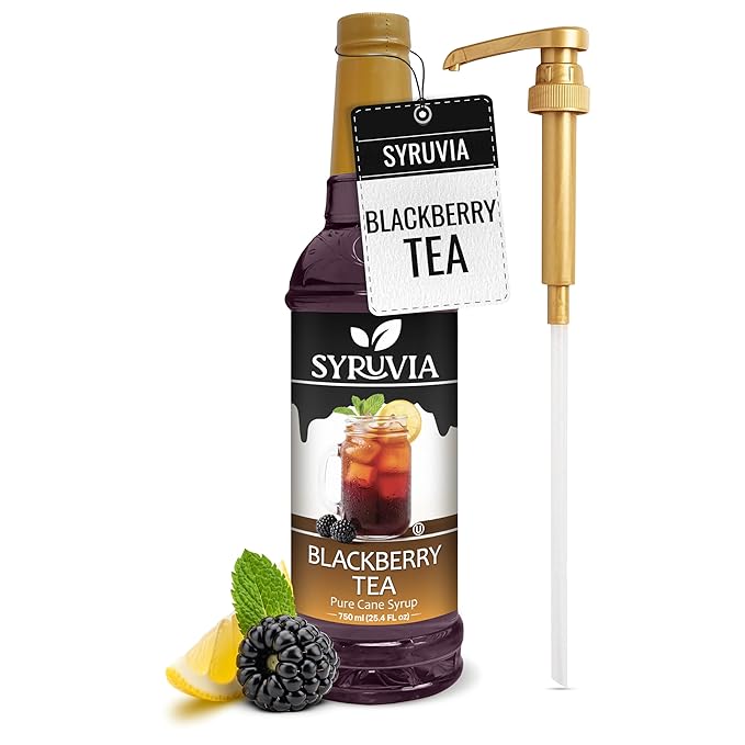 Syruvia Blackberry Tea Flavored Syrup for Drinks, Cocktails, Lemonades, Iced Teas and Desserts – 25.4 fl oz, With Pump