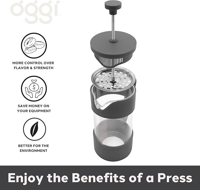 Oggi French Press Coffee Maker (12oz)- Borosilicate Glass, Coffee Press, Single Cup French Press, 3 cup Capacity, Charcoal