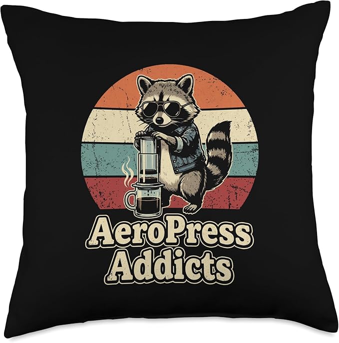 Retro Raccoon Coffee Lover Shirts AeroPress Addicts Throw Pillow