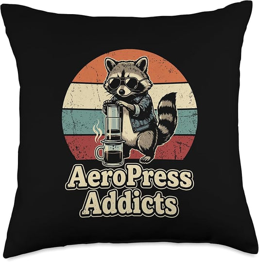 Retro Raccoon Coffee Lover Shirts AeroPress Addicts Throw Pillow