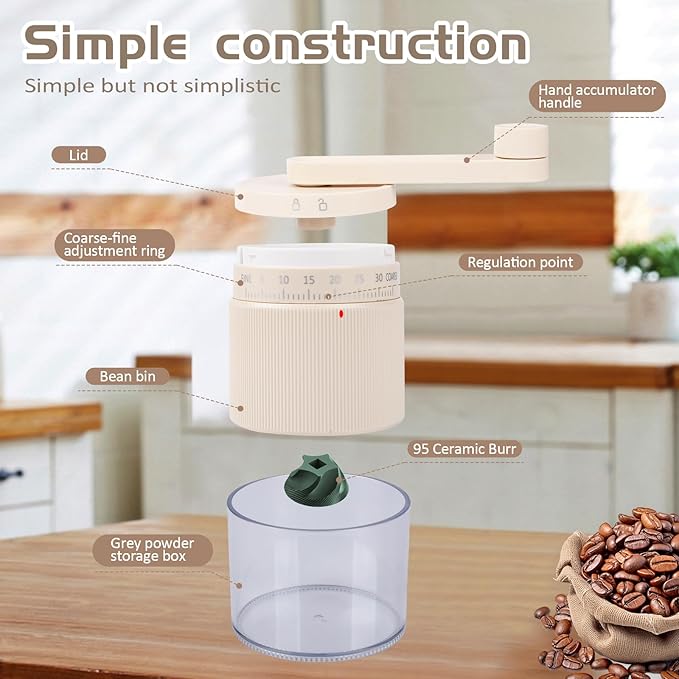 Manual Coffee Grinder, Adjustable Ceramic Burr Coffee Grinder with Detachable Handle, Portable Coffee Mill for Espresso, Pour Over, French Press, Camping-F