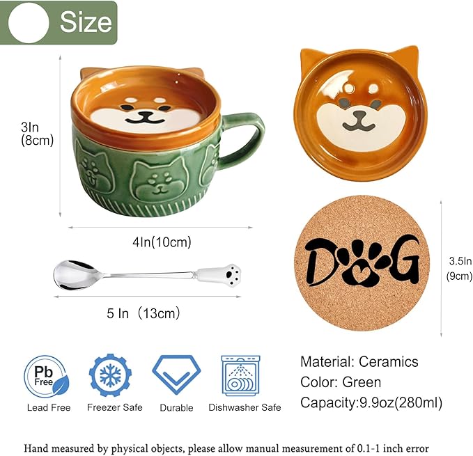 BigNoseDeer Cute Kawaii Dog Mug,Dog Coffee Mugs with Lids,Novelty Animal Coffee Ceramic Tea Cup Dessert Saucer Set,Christmas Birthday Presents for Girls Friend Kids,Dog Lovers Gifts for Women