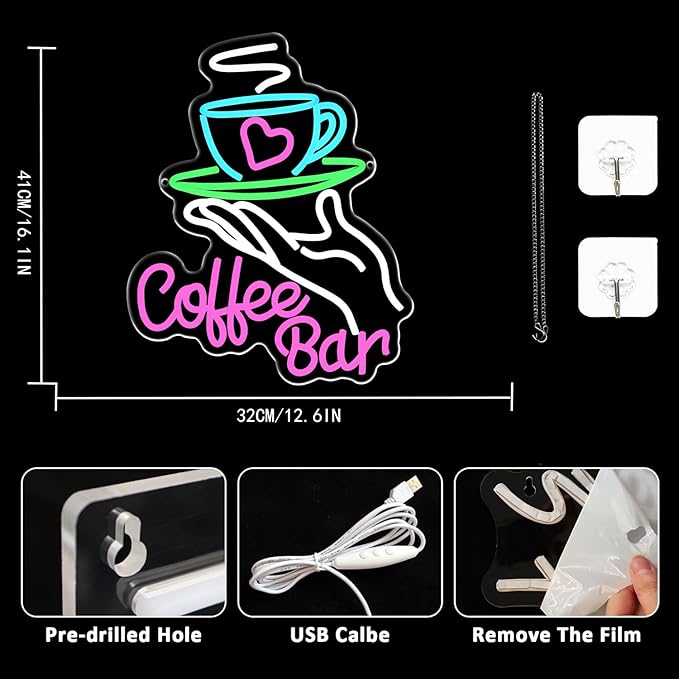 Coffee Bar Neon Sign for Wall Decor, Cafe Neon Light with USB Dimmable LED Neon Coffee Light Up Sign for Cafe Bar, Shop Business, Restaurants, Kitchen Party Decoration Gifts