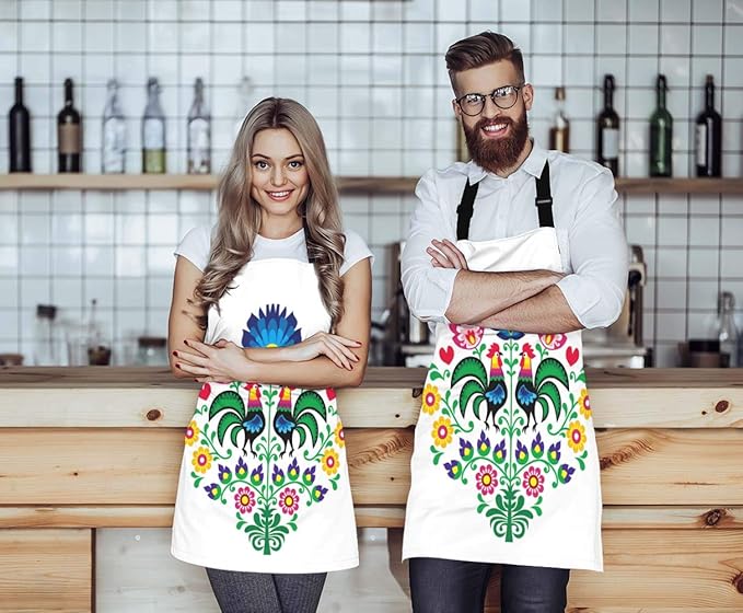 WONDERTIFY Roosters Apron,Polish Folk Pattern with Roosters and Floral Bib Apron with Adjustable Neck for Men Women,Suitable for Home Kitchen Cooking Waitress Chef Grill Bistro Baking BBQ Apron