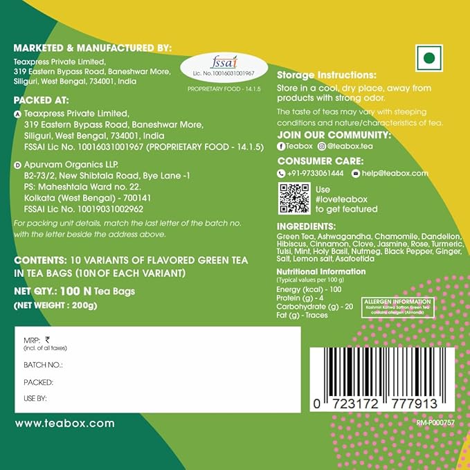 Teabox Premium Darjeeling Green Tea Sampler Bags 100pcs (10pcs X 10 Herbal flavors) | 100% Natural & 0% Bitterness | Sourced Directly From The Himalayas