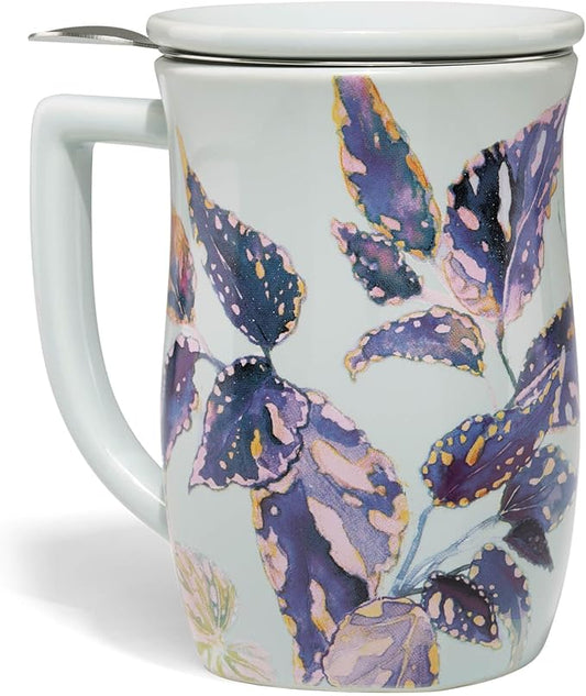 Tea Forte Ceramic Fiore Cup with Handle, Easter Basket Ideas, Removeable Stainless Steel Infuser Basket and Lid, Steeps 14 oz Loose Leaf Tea, Dishwasher & Microwave Safe, Demoiselle