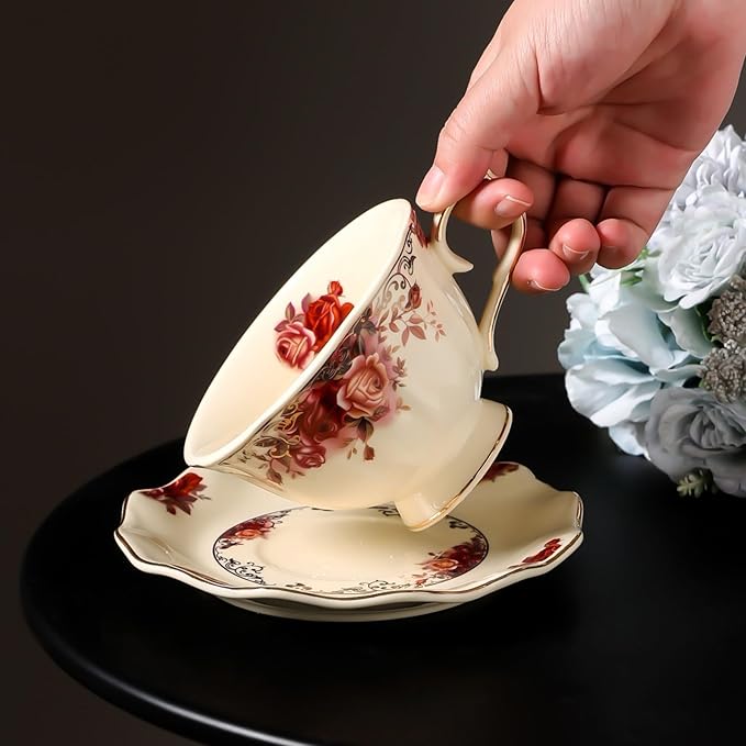 8 oz Vintage flower Ceramic cup and 6" saucer set with Brand customized stainless steel spoon Gifts for Afternoon Tea Coffee Hour (B)