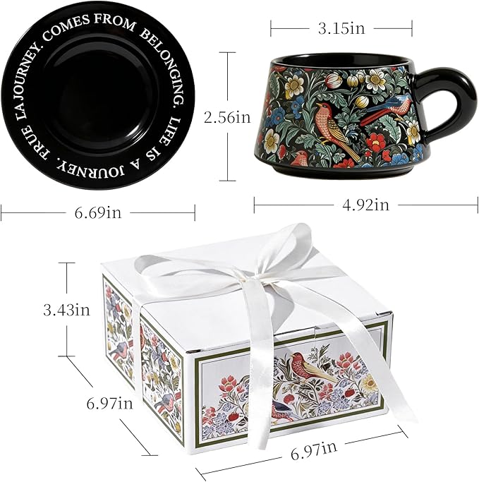 Ceramic Cup and Saucer Set, Luxurious Coffee/Tea Mug, Vintage Beautifully Printed Cups with Handle Practical Gifts for Women Housewarming/Birthday/New Year/Valentine's Day/Mother's Day, 8.8oz (Black)