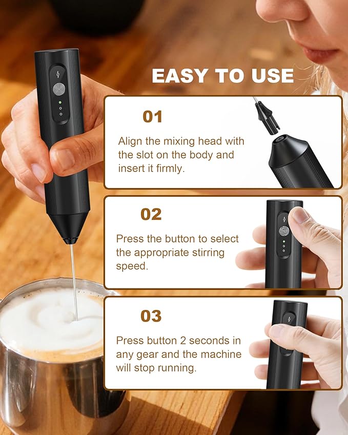 3-Speed Handheld Milk Frother with Cover, Rechargeable Electric Drink Mixer with Dual Coil Whisk - Portable Frother Wand for Coffee, Latte, Cappuccino, Hot Chocolate & Matcha, Black
