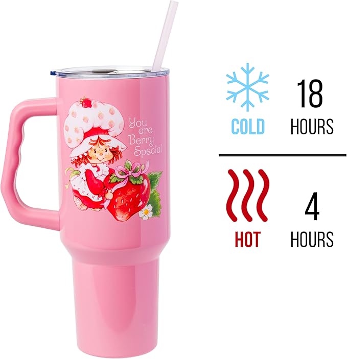 Silver Buffalo Strawberry Shortcake “You are Berry Special” Stainless Steel Tumbler with Handle, Fits in Standard Cup Holder, 40 Ounces