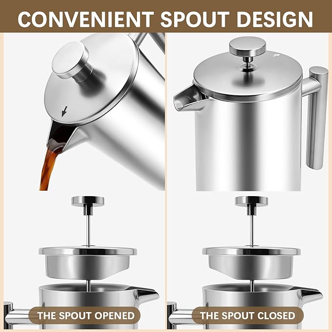 French Press Coffee Maker, 304 Grade Stainless Steel French Press with 2 Extra Filters for Home, Office, Travel, Camping - 34OZ/1 Litre (Sliver)
