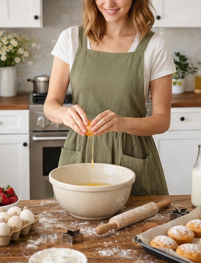 Pinknoke Cute Cotton Pinafore Aprons for Women with Pockets for Kitchen | Vintage Apron Dress,Adjustable Cross Back,2 Pockets,Long Straps,for Cooking Backing Gardening Painting Cleaning Gift Giving - Image 3