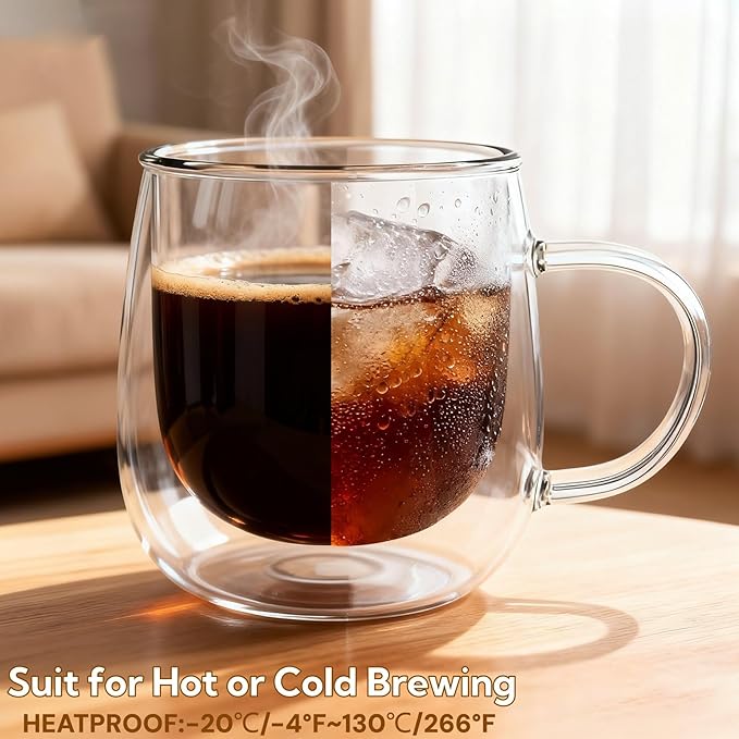 Glass Coffee Mugs Set Of 2, 10oz Double Walled Insulated Glass Mugs with Handle and Coaster, Heat Resistant Borosilicate Clear Glass Cups for Espresso Latte Cappuccino, Tea Bag, Beverage