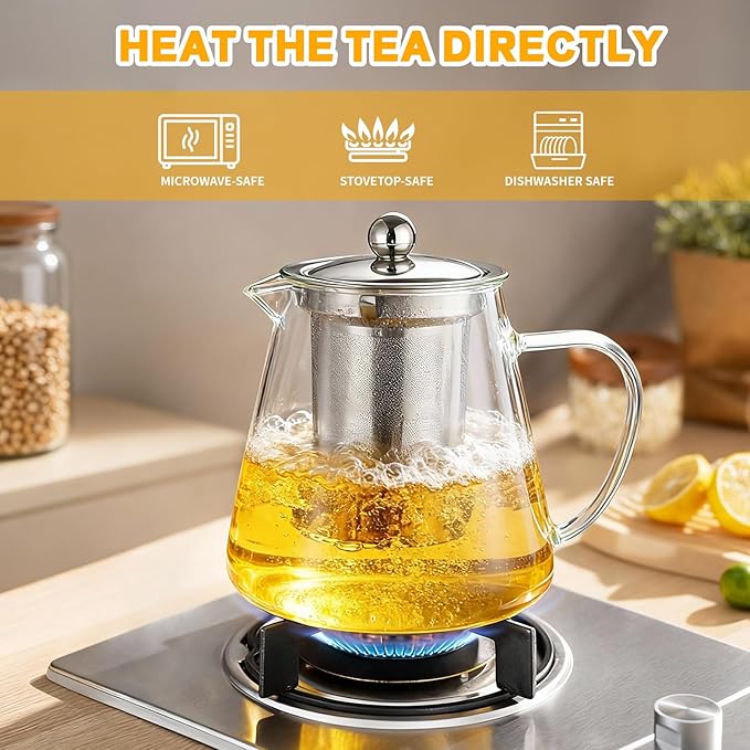 Glass Teapot with Stainless Steel Infuser, Borosilicate Glass Tea Maker, Stovetop Safe (950ML)