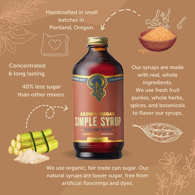 Portland Syrups Brown Sugar Simple Syrup - Drink Mix for Exceptional Cocktails, Simple Syrup for Cocktails, Sugar Syrup for Drinks, Simple Syrup for Coffee, Mocktails, Baking, 12 oz, 24 Servings, Pack of 1