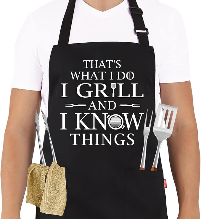 Funny Grilling Aprons for Men - BBQ Cooking Apron with 2 Pockets, Adjustable Neck Strap and 40" Long Ties - That's What I Do I Grill and I Know Things by ALIPOBO
