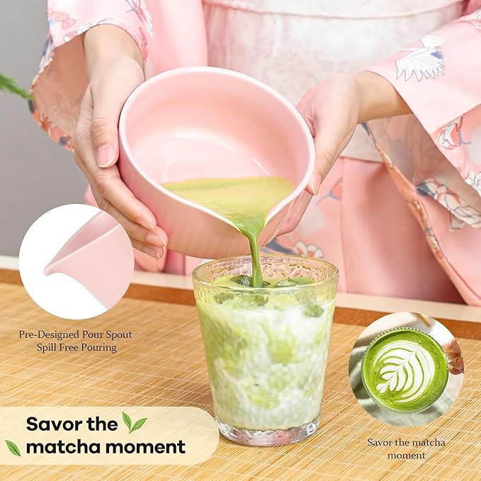 Traditional Matcha Bowl with Spout, Ceramic Matcha Tea Bowl (Chawan), Matcha Mixing Bowl for Whisking Matcha, Pink