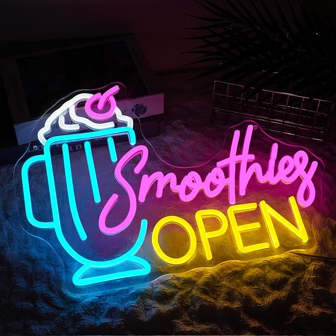 Smoothies Open Neon Sign Dimmable Frozen Fruit Smoothie Neon Light Sign for Business Bar Decor Letters Ice Cream Led Signs for Beverage Dessert Shop Party Pub Cafe Room Decor Gift 16.5" x 10"