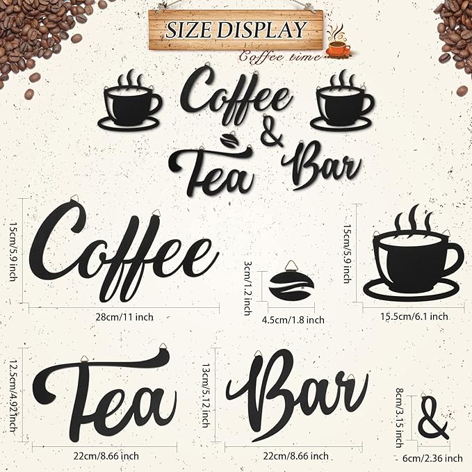 Queekay 7 Pieces Coffee Bar Sign Rustic Wall Decor Art Wooden Sign with Coffee Beans and Cups Decor for Bar Counter Home Office Kitchen