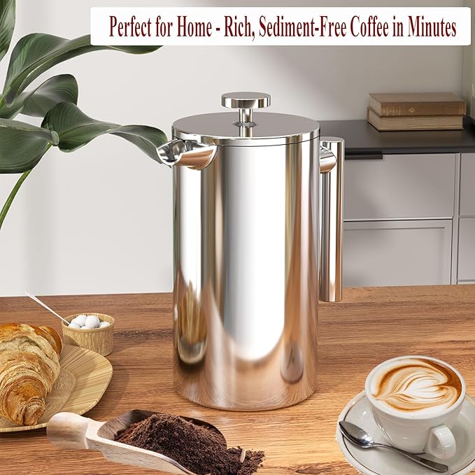 French Press Coffee Maker, 12 Oz Stainless Steel, Triple Mesh Filter, Double Wall Insulated, for Coffee & Tea, Portable for Home, Office, Camping & Travel