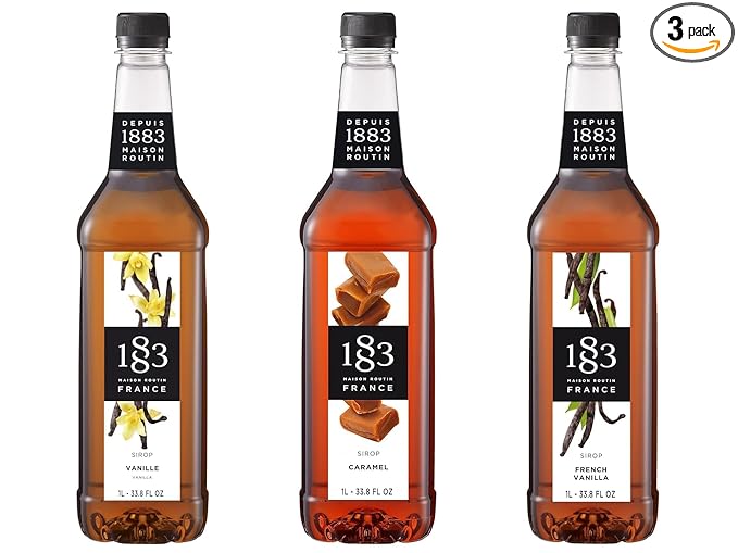 1883 Vanilla, Caramel, French Vanilla Syrups (Café Variety Pack) for Coffee & Drinks – 1 Liter Plastic Bottles (Pack of 3)