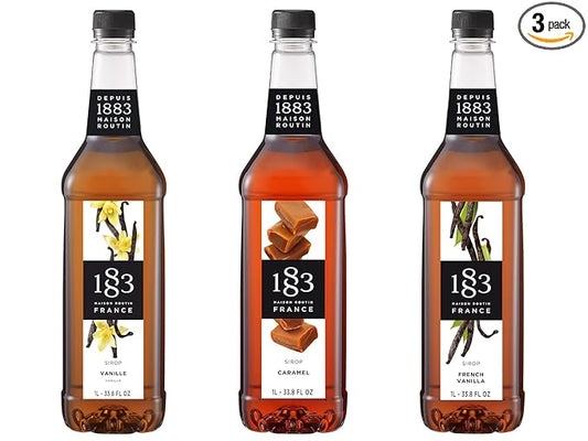 1883 Vanilla, Caramel, French Vanilla Syrups (Café Variety Pack) for Coffee & Drinks – 1 Liter Plastic Bottles (Pack of 3)