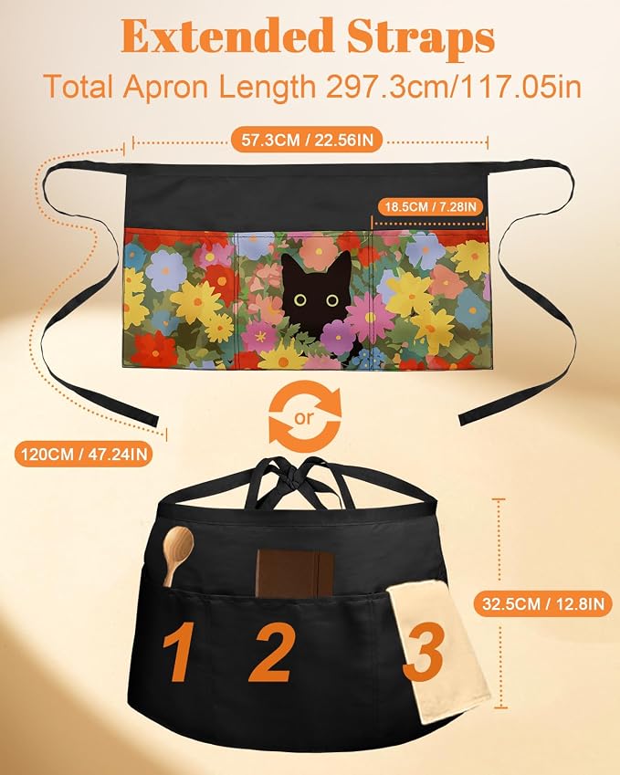 Slohif Reversible Server Apron 6 Pockets - Waist Apron for Waitress Women Half Serving Short Apron for Waiter - Image 2