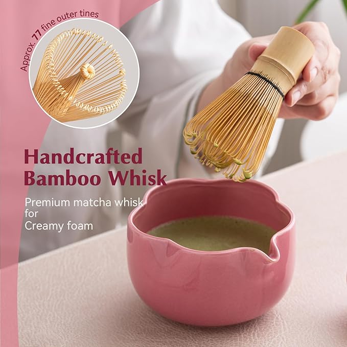 Matcha Set, 8Pcs Floral Ceramic Matcha Kit with Matcha Whisk, Holder, Scoop, Scoop Rest, Sifter, Spoon and Tea Towel - Thoughtful Matcha Whisk Set Gift for Matcha Lovers (Pink)