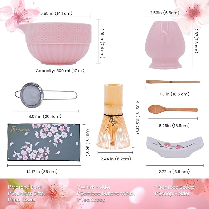 Joyscale Matcha Whisk Set, Matcha Set Whisk And Bowl, 8 Pcs Matcha Kit Set(Cherry Blossom Design), 18 OZ, Japanese Matcha Tea Set, Matcha Making Kit Gifts for Tea Lovers(Pink)