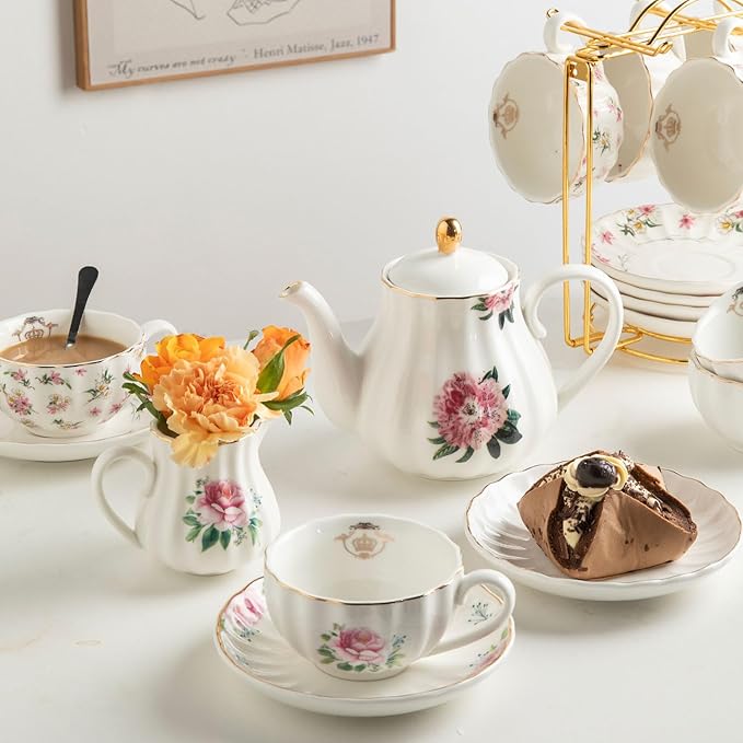 Sweejar Porcelain Tea Sets British Royal Series, 8 OZ Cups & Saucer Service for 6, with Teapot Sugar Bowl Cream Pitcher Teaspoons and Tea Strainer, Suitable for High Tea, Wedding, Party(Blush Pink)