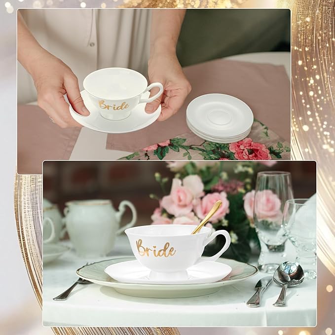 Rtteri Bride Teacup and Saucer Set 7oz Bridal Shower Teacup Porcelain Ceramic Tea Cups for Bridal Shower Tea Party Wedding Decor Victorian Elegant Coffee(Vintage Color,Floral)