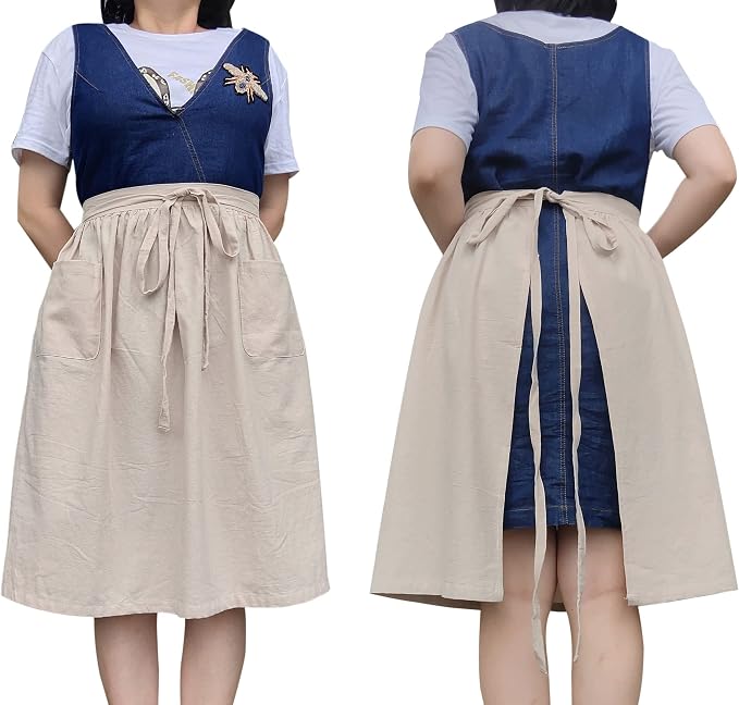 Unisex Chef Aprons White Retro Cotton Maid Short 2 Pockets Waist Waiter Waitress Half Apron by Caatoor
