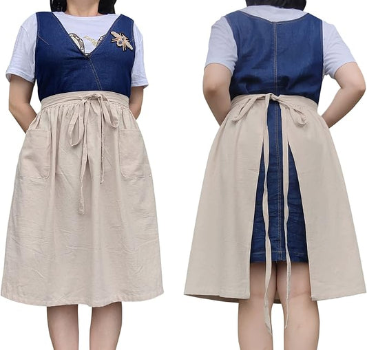 Unisex Chef Aprons White Retro Cotton Maid Short 2 Pockets Waist Waiter Waitress Half Apron by Caatoor