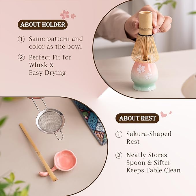 Cherry Blossom Matcha Whisk Set, 7 Pcs Matcha Kit with Ceramic Matcha Bowl with Spout, Bamboo Matcha Whisk And Scoop, Stainless Steel Sifter, Ceramic Holder, Rest And Tea Towel