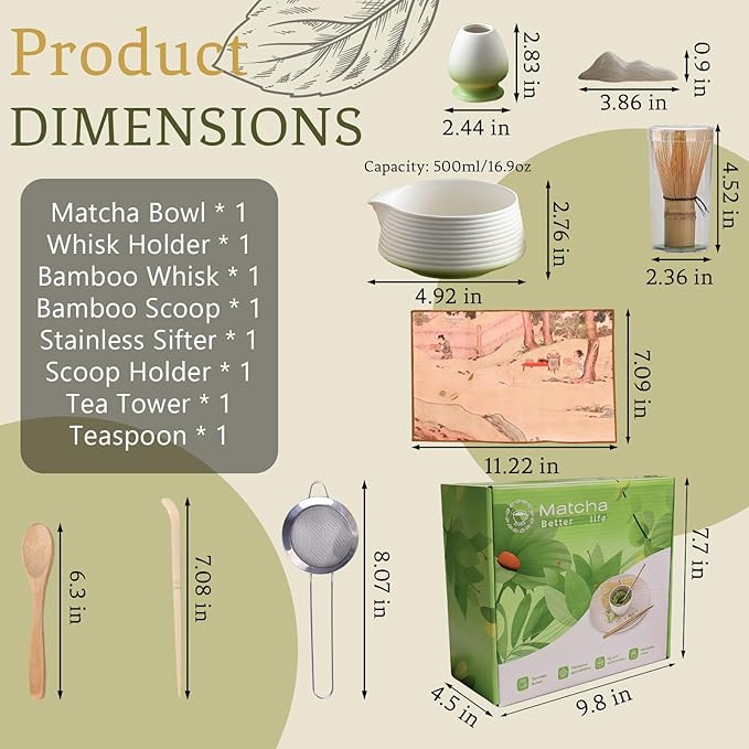 8 Pcs Matcha Whisk Set Chasen Matcha Whisk Bamboo Bowl with Spout Sifter Spoon Scoop Whisk Holder Bamboo Mat Complete Matcha Making Kit (Green)