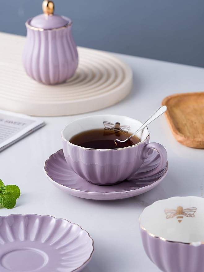 Jusalpha Serve for 6- Fine China Pink Coffee Cup/Teacup Set, 8 OZ Cups& Saucer, with Teapot-Sugar Bowl-Cream Pitcher Teaspoons and tea strainer for Tea/Coffee (Lavender, Serve of 6)