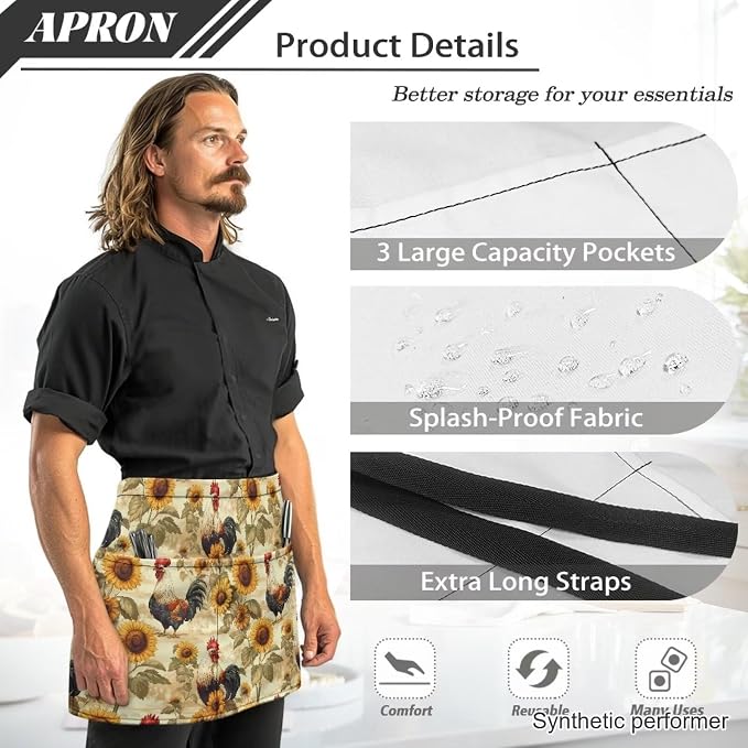 Waist Apron with 3 Pockets Waterproof 13 Inch Short Half Waist Aprons Women Men Server Aprons Waitress Waiter Apron - Image 6