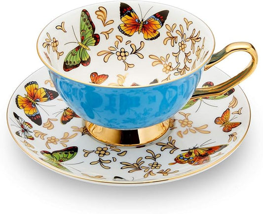 LURRIER Coffee Cup Mug with Saucer for Latte, Cappuccino Tea with Butterflies 6.8 Oz Fine Bone China, Dishwasher Safe, Reactive Glaze, 1 Pcs