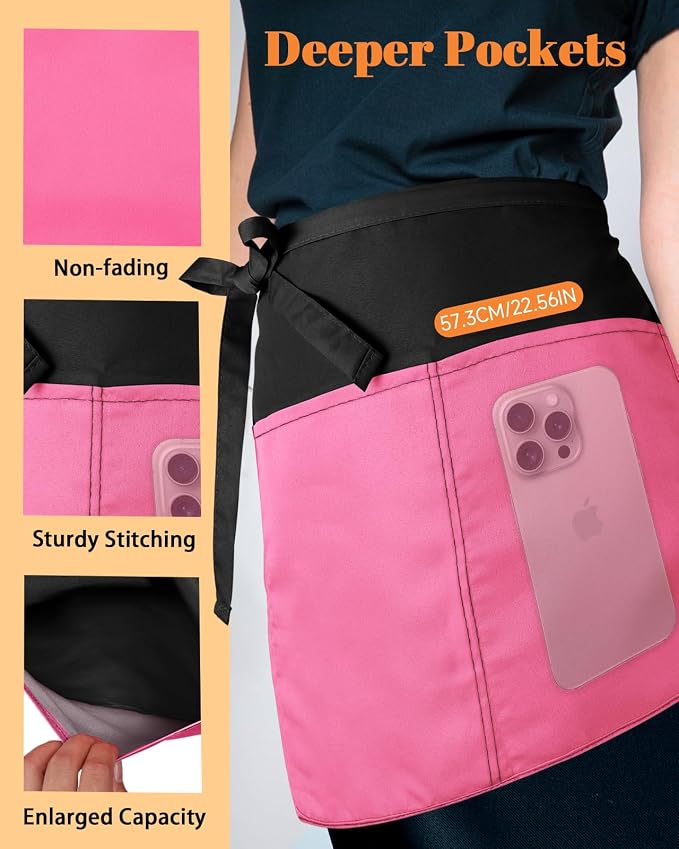 Slohif Reversible Server Apron 6 Pockets - Waist Apron for Waitress Women Half Serving Short Apron for Waiter - Image 5