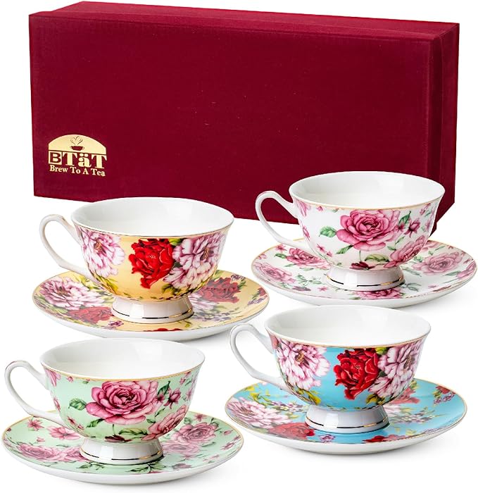 BTaT- Floral Tea Cups and Saucers with Gift Box, 8 oz, Tea Cups Set of 4