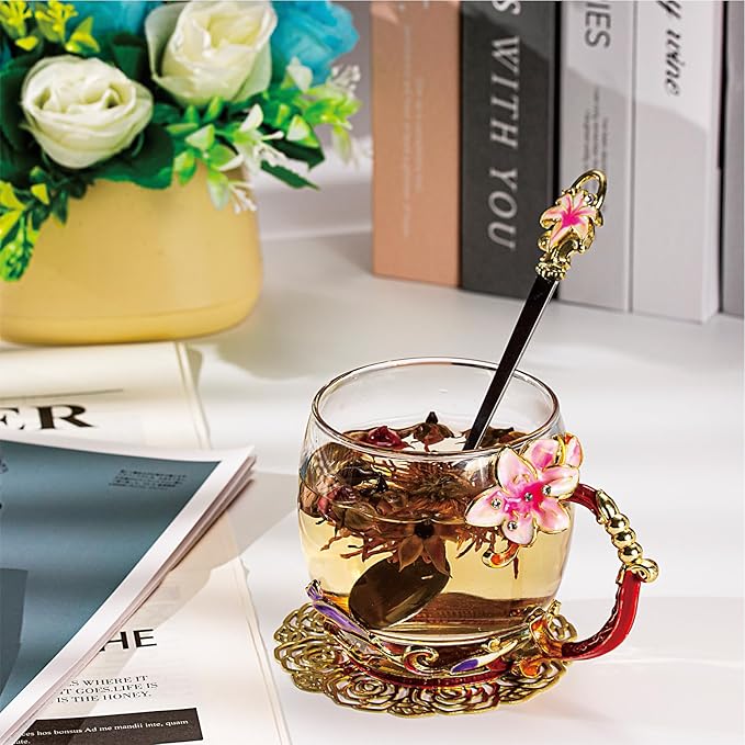 Flower Tea Cup ,Lily flower Clear Glass Fancy Coffee Mug with Spoon,Gift Box for Her Mom Wife Grandma Girls Friends Valentines Christmas Birthday Present Idea for Juice,Hot And Cold Drinks Use