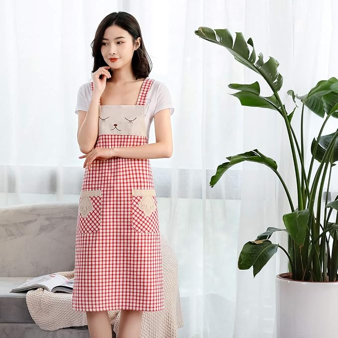 NEWGEM 100% Cotton Cute Plaid Apron with Pockets - Korean Style H-Back Cat Pinafore for Gardening, Farmhouse Kitchen (Red/White Cat) - Image 2